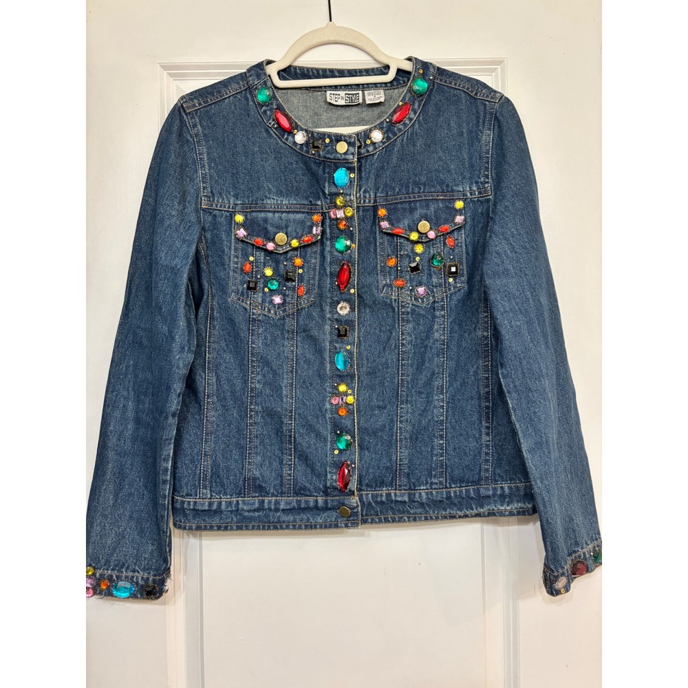 Boutique Jeweled Denim Jacket Medium Wash Beaded Gemstones Small